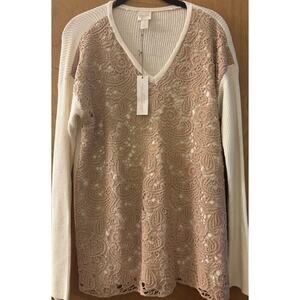 Chico's NWT $99 Unique Crochet Lace Overlay Front V~Neck Sweater Size 1 Med)